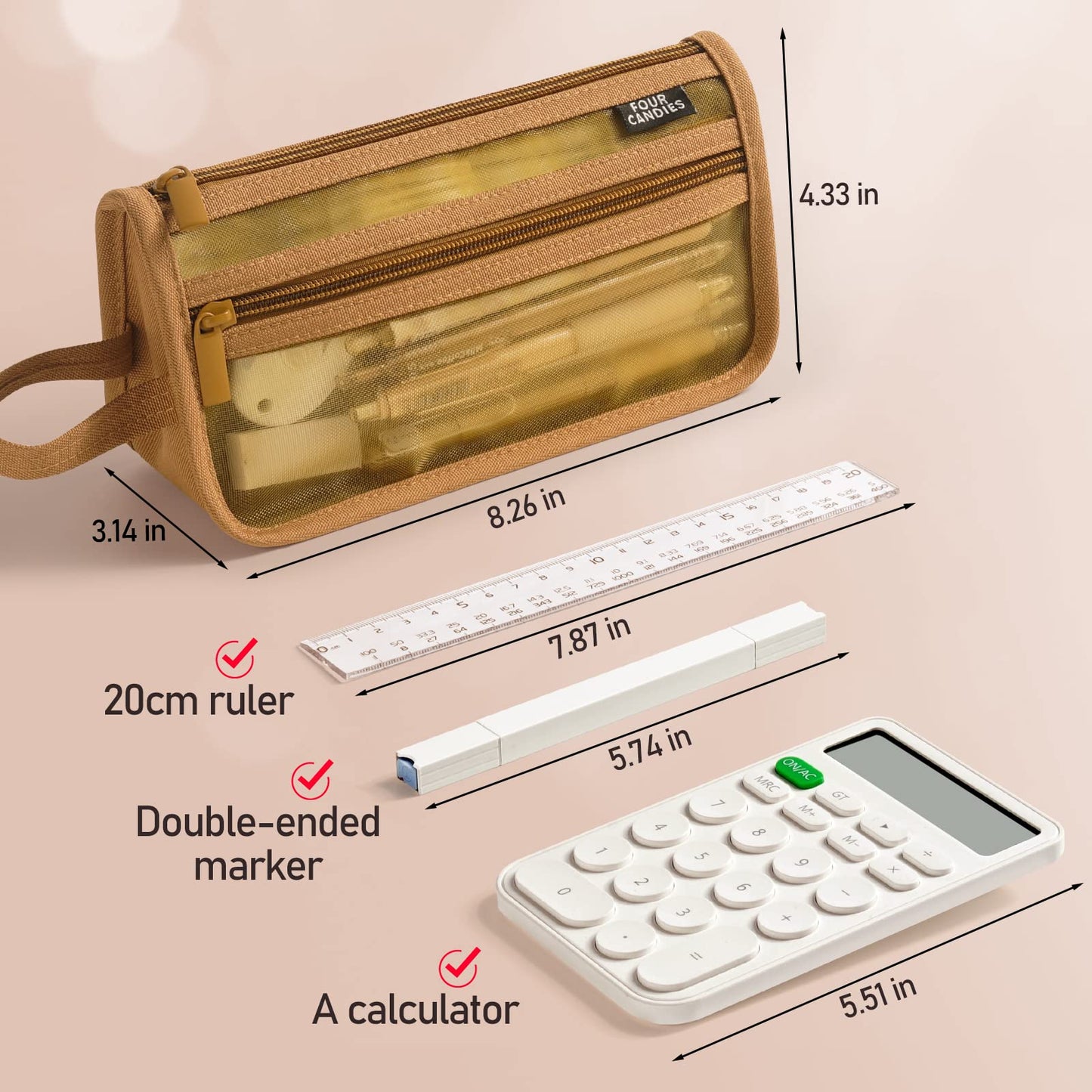 Four Candies Grid Mesh Pencil Case, Clear Double-layer with Handle (Purple)