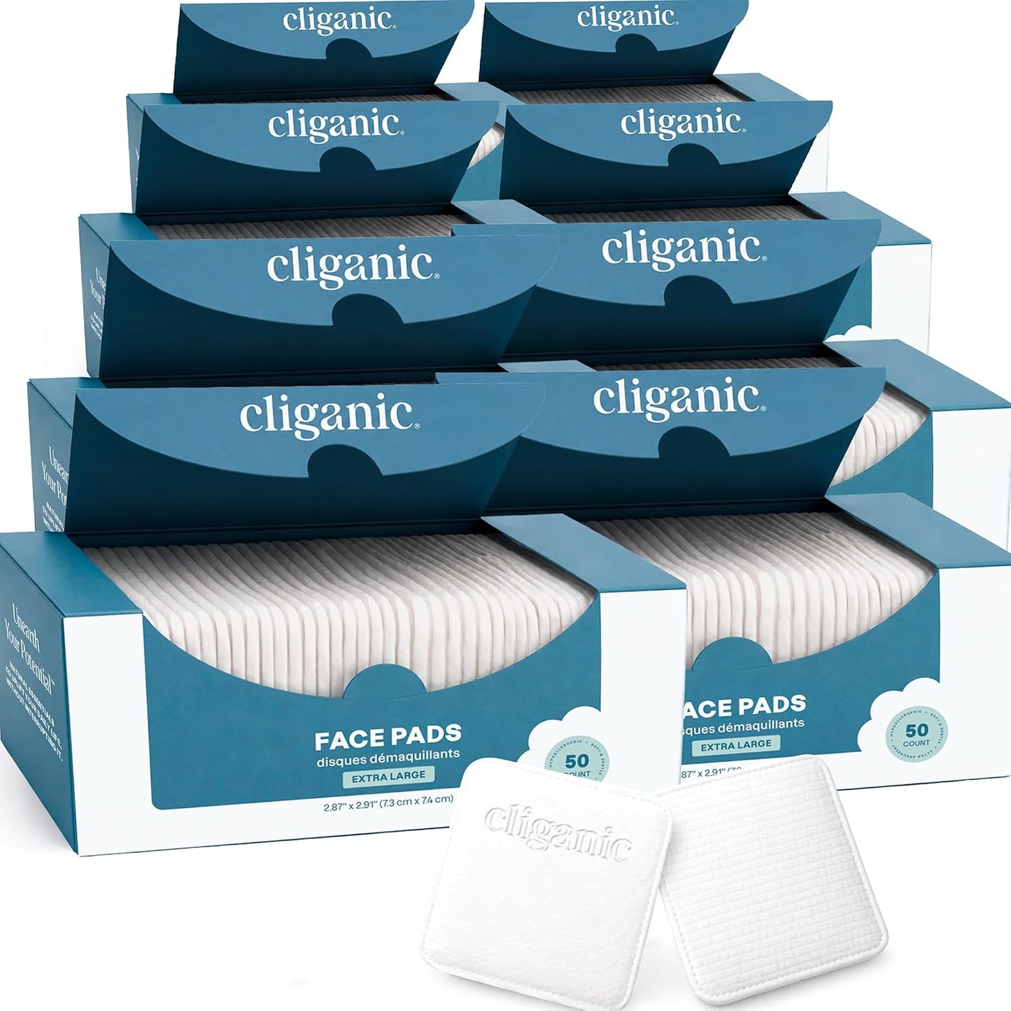Cliganic Extra Large Face Pads (100 Count) - Soft, Extra Absorbent, Ultra Durable, Hypoallergenic, For Makeup, Nail Polish & Daily Buildup Removal, Toner & Cleanser Application, Dual Sided & Lint-Free