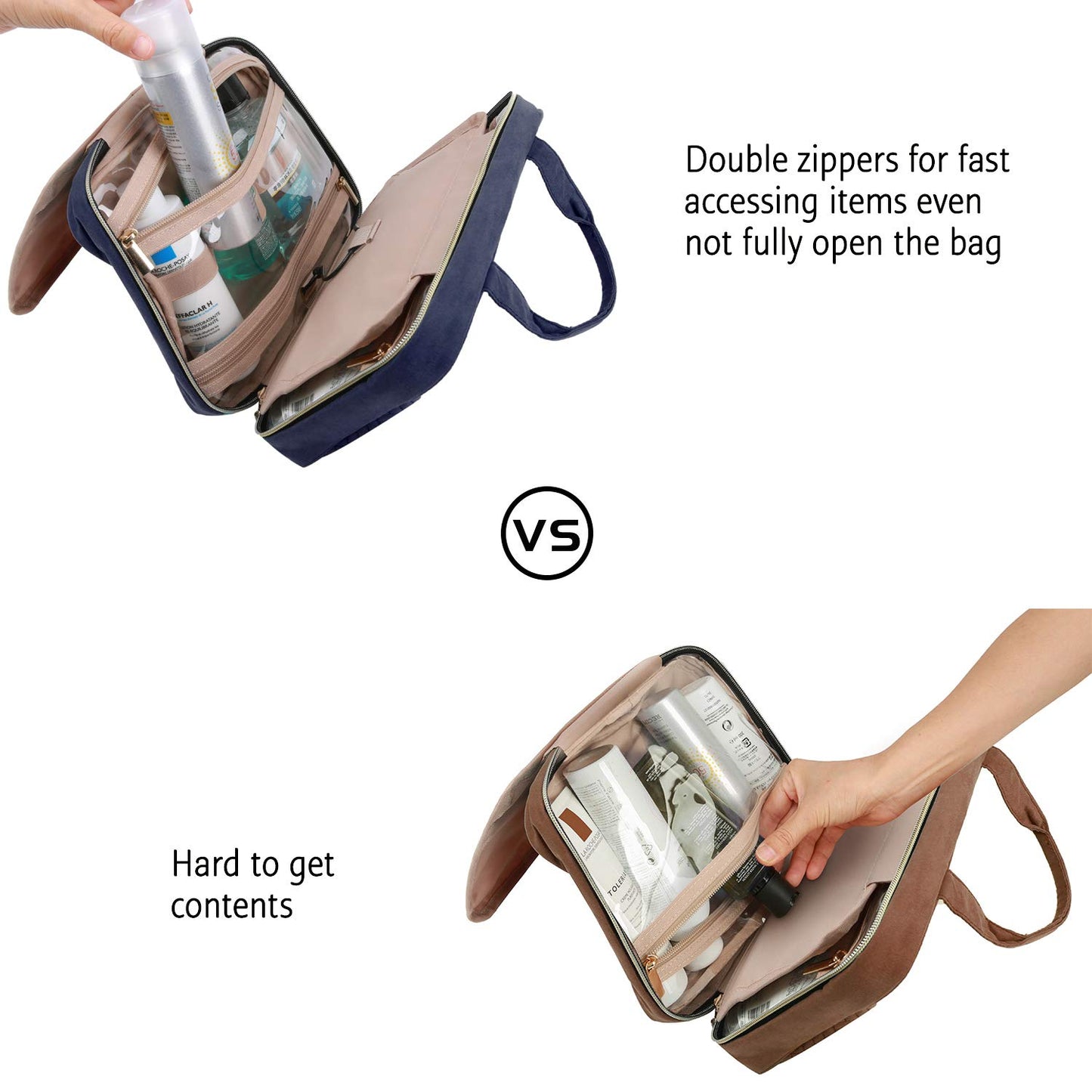 BAGSMART Large Toiletry Bag Travel Bag with Hanging Hook, Water-resistant Makeup Cosmetic Bag Travel Organizer for Accessories, Shampoo, Full Sized Container, Toiletries