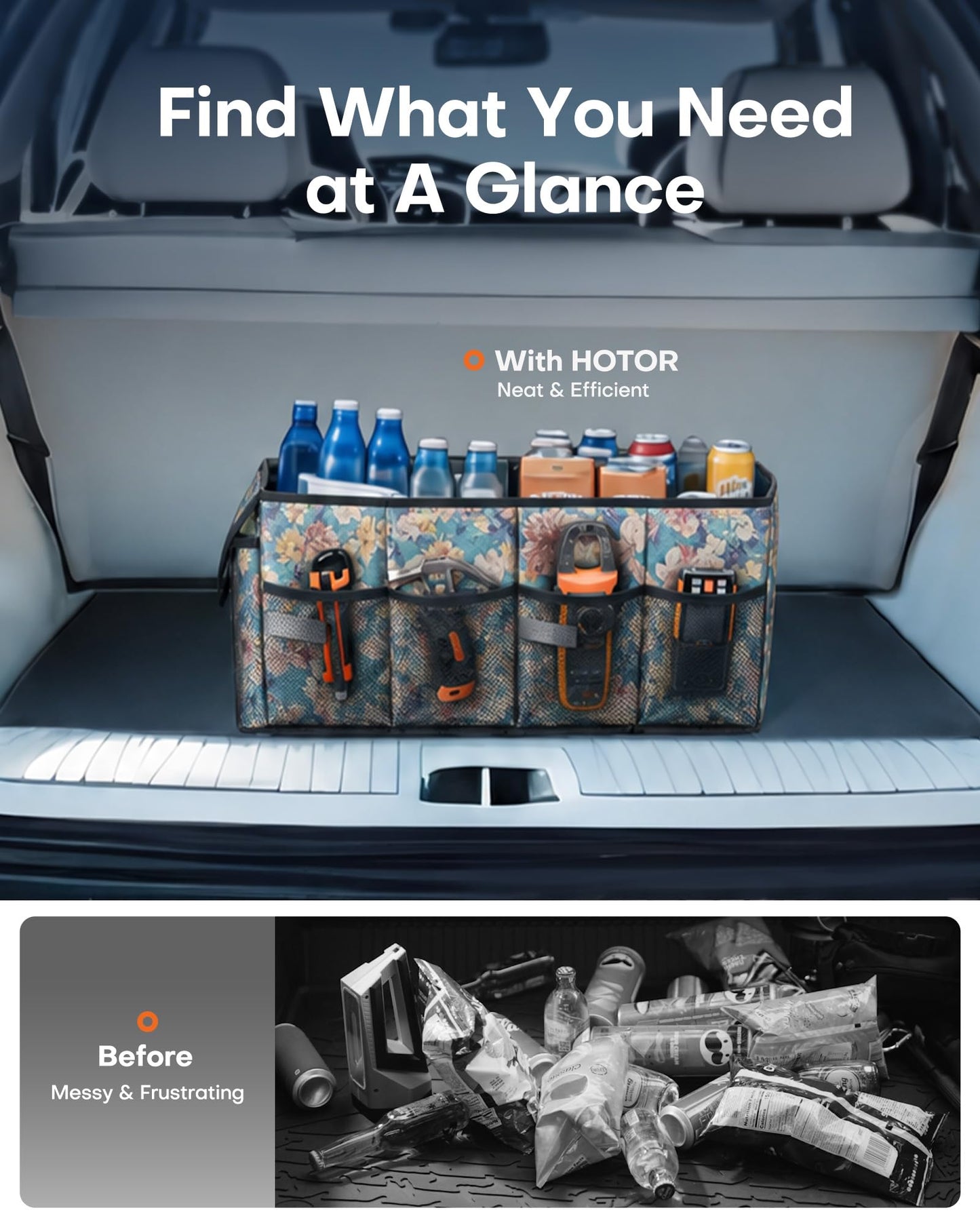 HOTOR Trunk Organizer - Foldable Car Organizer for SUVs & Sedans Storage