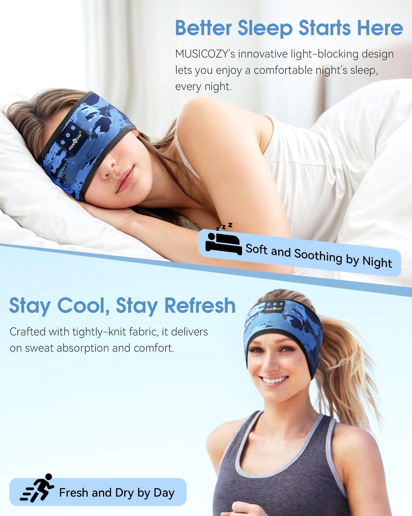 MUSICOZY Sleep Headphones Bluetooth Headband Headphones for Side Sleepers