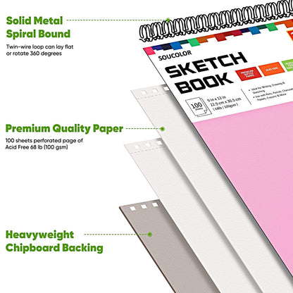 Soucolor Sketch Book 9" x 12", 100 Sheets Kids Art Sketchbook Drawing Pad