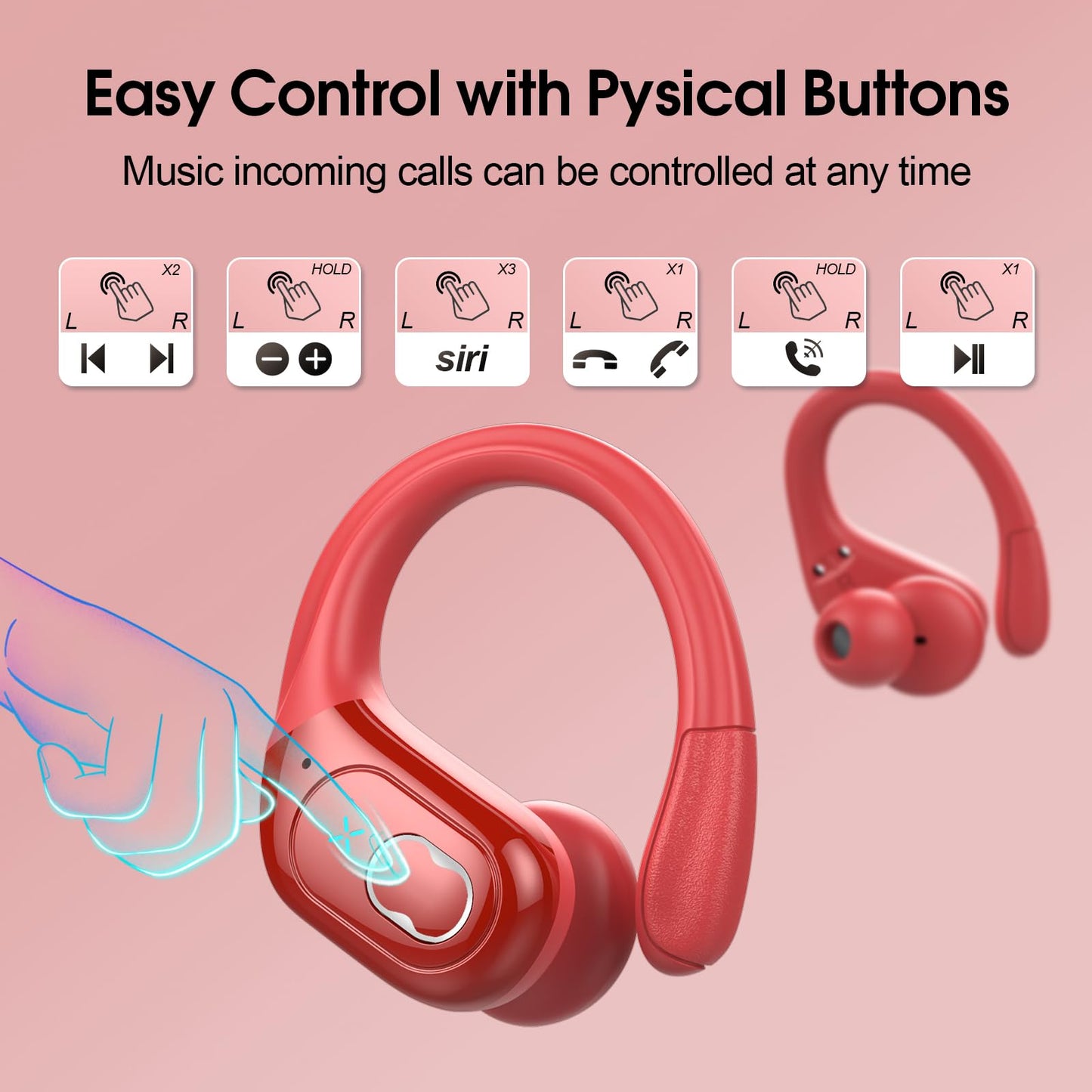 Wireless Earbuds 75H Bluetooth 5.4 Sport Headphones with Earhooks, Black