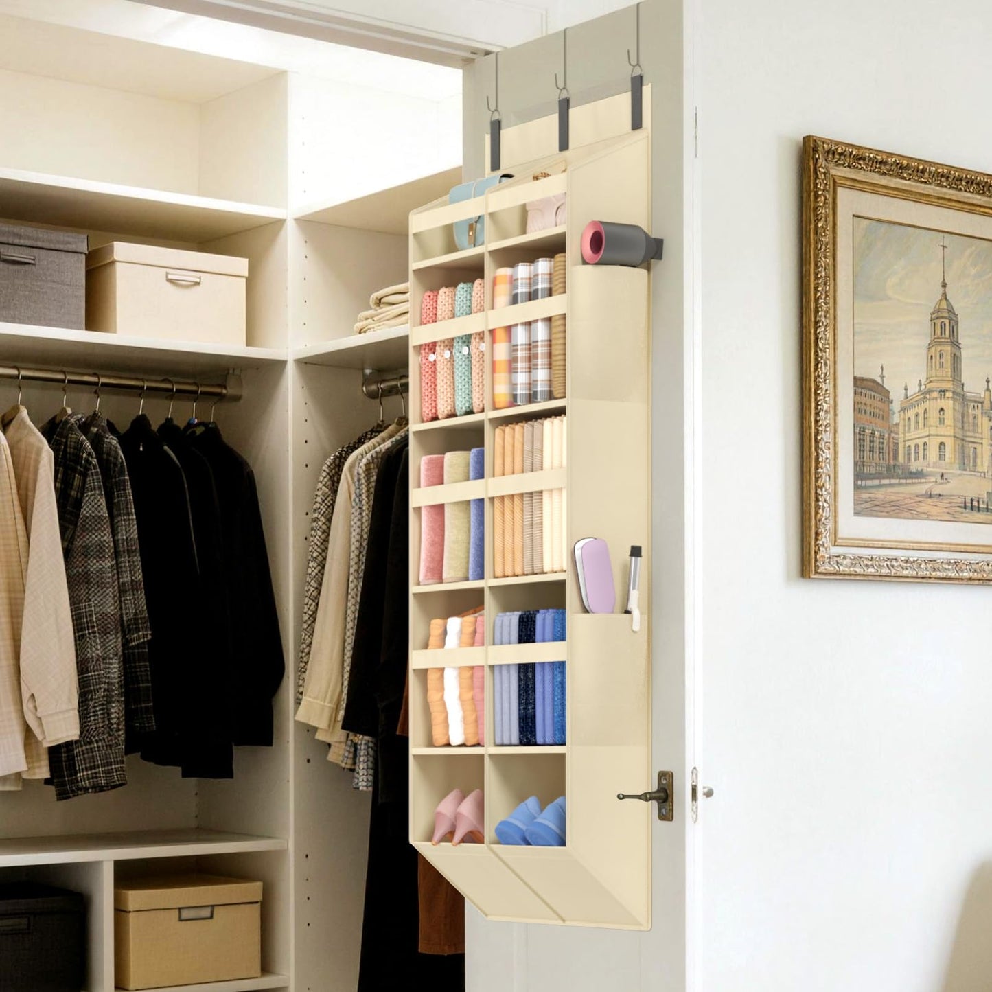 Lifewit 1 Pack Over the Door Organizer, 5 Section Hanging Storage, Beige