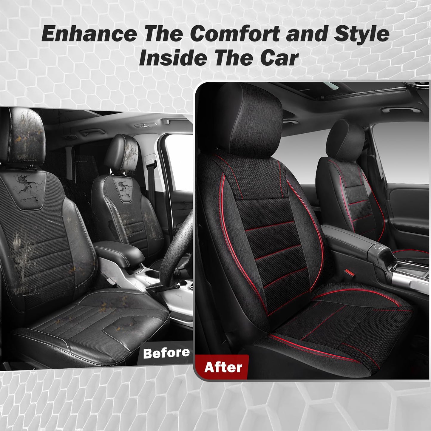 CAR PASS Universal FIT Piping Leather Car Seat Cover, for suvs,Van,Trucks,Airbag Compatible,Inside Zipper Design and Reserved Opening Holes (Full Set, Black and Red)