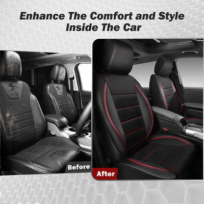 CAR PASS Universal FIT Piping Leather Car Seat Cover, for suvs,Van,Trucks,Airbag Compatible,Inside Zipper Design and Reserved Opening Holes (Full Set, Black and Red)
