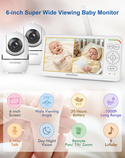 HelloBaby 6'' No WiFi Video Baby Monitor with Camera Audio, 30H Battery