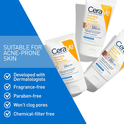 CeraVe Tinted Sunscreen for Face, Mineral SPF 30 Moisturizer, Deep, 1.7oz