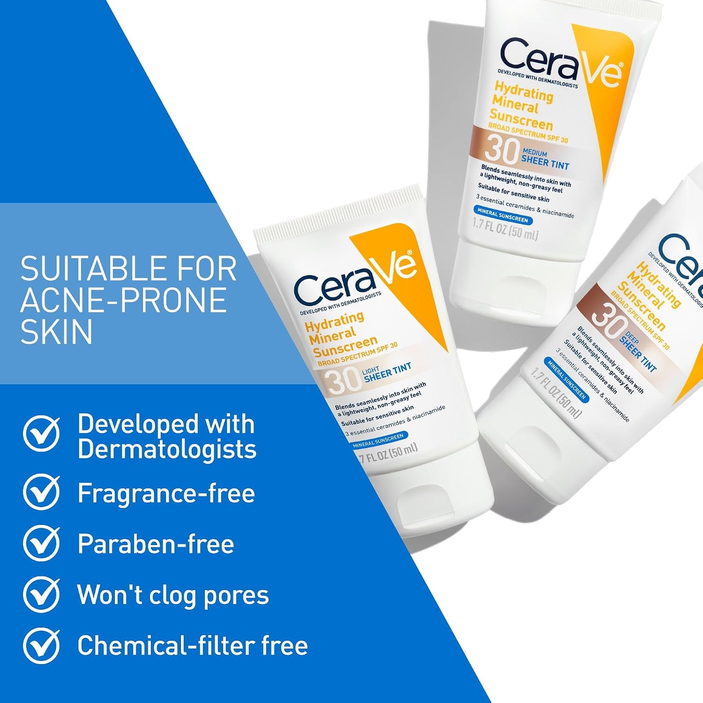 CeraVe Tinted Sunscreen for Face, Mineral SPF 30 Moisturizer, Deep, 1.7oz