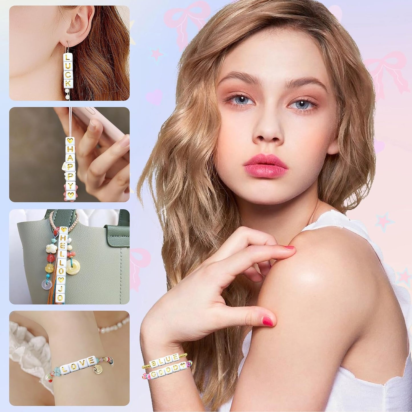 Looconi 810pcs Gold Letter Beads Square 6x6mm White Cube Acrylic Alphabet A-Z with Heart Pattern and Crystal Line for Jewelry Making