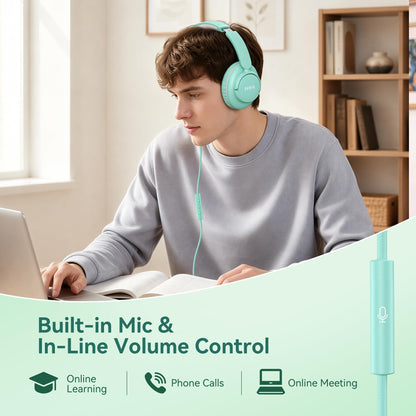 Wired Headphones with Mic, 3.5mm Headphones Volume Control for School Blue