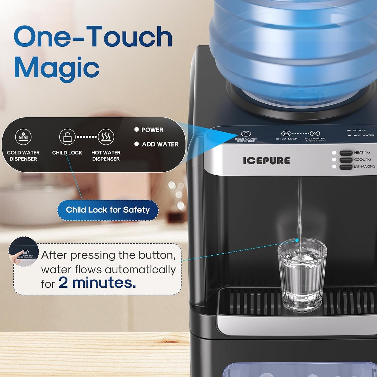 ICEPURE Water Cooler Dispenser with Built-in Ice Maker, 33lbs/24H
