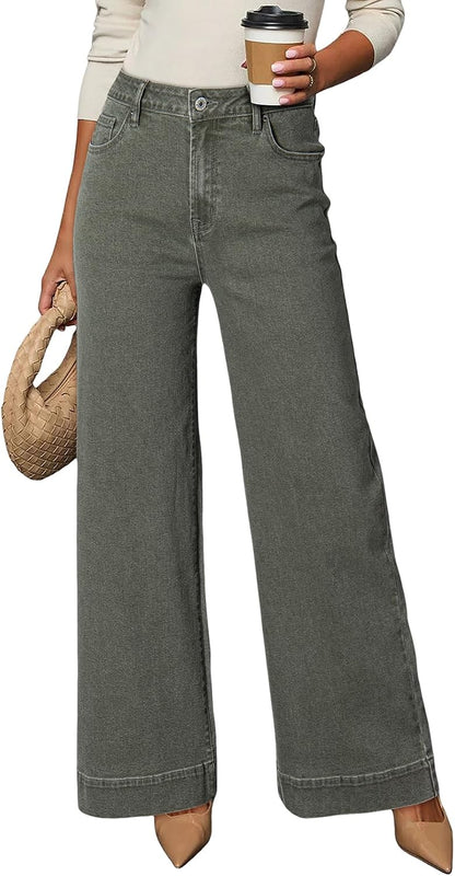 Dokotoo Women's Casual High Waisted Jeans Stretch Wide Leg Loose Denim Pant