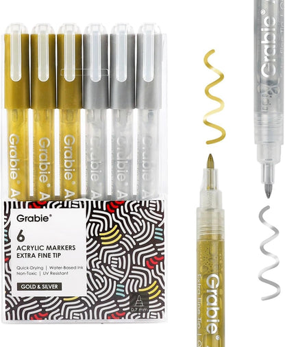 Grabie 6 White Acrylic Paint Markers, 0.7 mm Extra Fine Tip