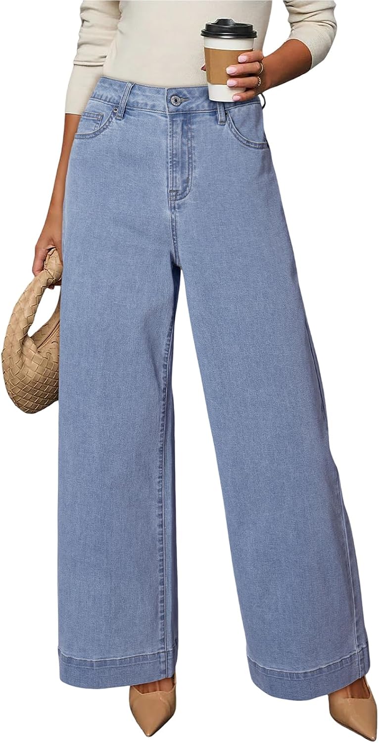 Dokotoo Women's Casual High Waisted Jeans Stretch Wide Leg Loose Denim Pant