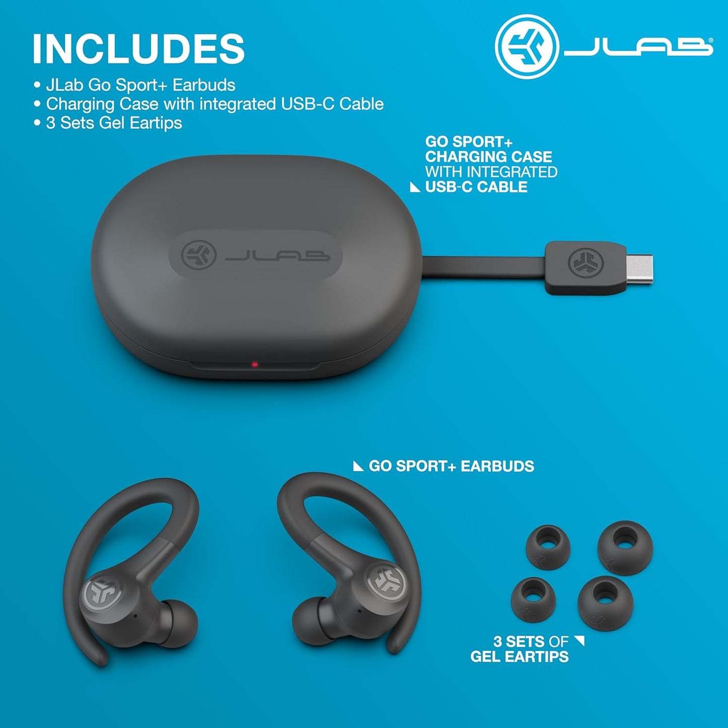 JLab, Go Sport+, True Wireless Workout Earbuds, Bluetooth Sport Earbuds, Clear Calling, Graphite