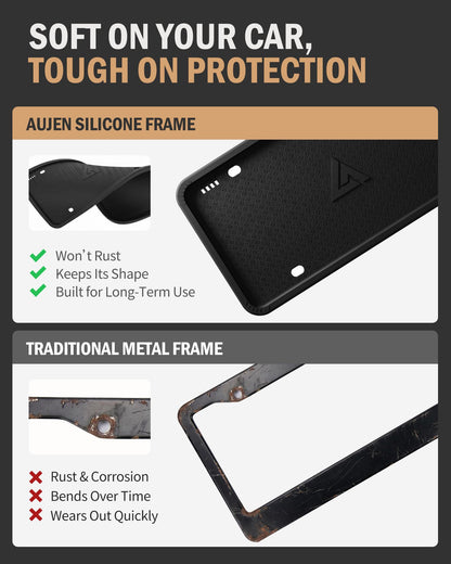 Aujen Silicone License Plate Frames Black, 2 Pack Car License Plate Frame, Universal US Black License Plate Holders Brackets Rust-Proof, Weather & Rattle-Proof, Car Accessories