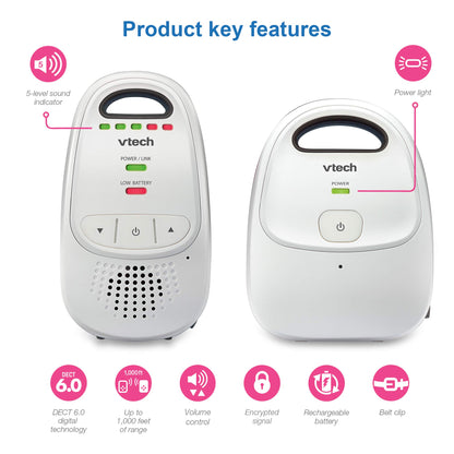VTech Audio Baby Monitor — No Static DECT 6.0, No WiFi, Hack-Proof | 8Hr Battery, Belt Clip, 1000ft Range, 5-Level Sound Indicator | DM111