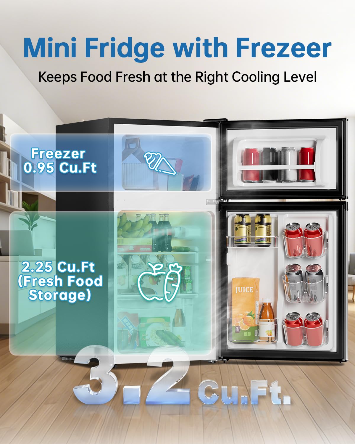 3.2 Cu Ft Mini Fridge with Freezer, Single Door Upright Freezer