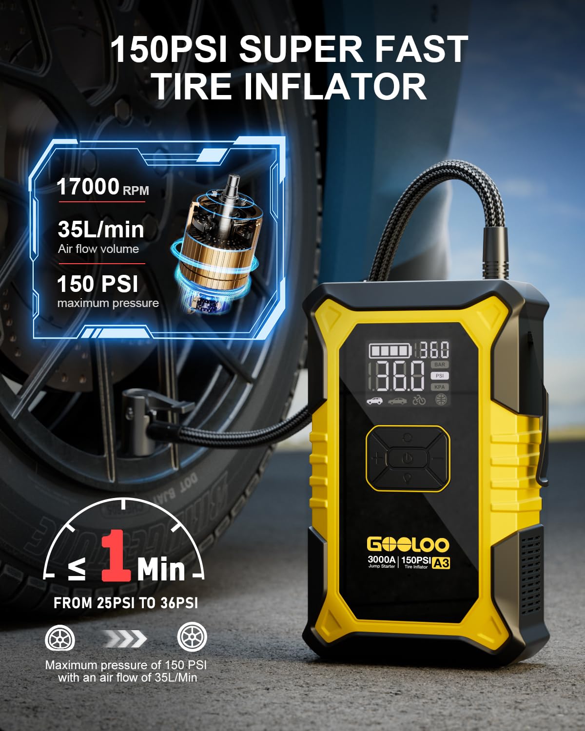 GOOLOO A3 12V 3000A Portable Jump Starter with Air Compressor
