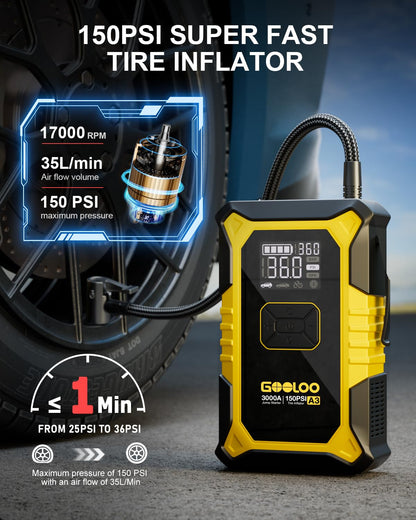 GOOLOO A3 12V 3000A Portable Jump Starter with Air Compressor