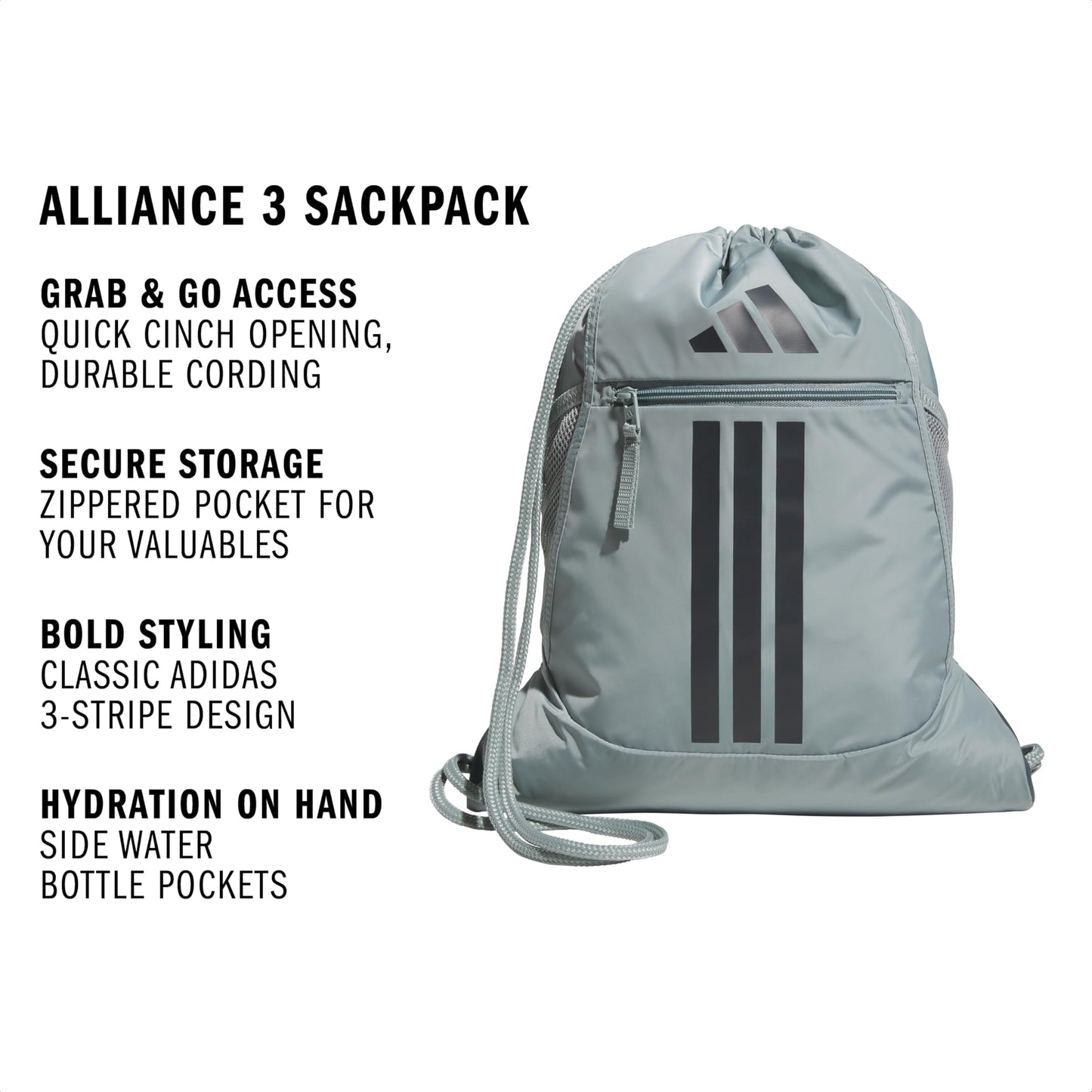 adidas Alliance Sackpack – Drawstring Backpack for Sports, Small Gym Bag, Preloved Teal Green/Black/3, OSFA