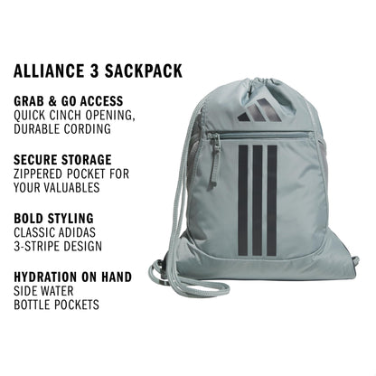 adidas Alliance Sackpack – Drawstring Backpack for Sports, Small Gym Bag, Preloved Teal Green/Black/3, OSFA