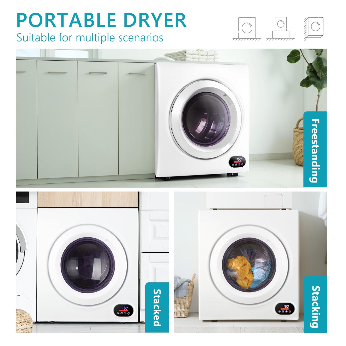 Euhomy Portable Clothes Dryer for Laundry, 1.5 Cu. Ft. Small Portable Dryers for Clothes, 120V Electric Dryer with Stainless Steel Drum, 850W Dryer Machine for Apartments, White