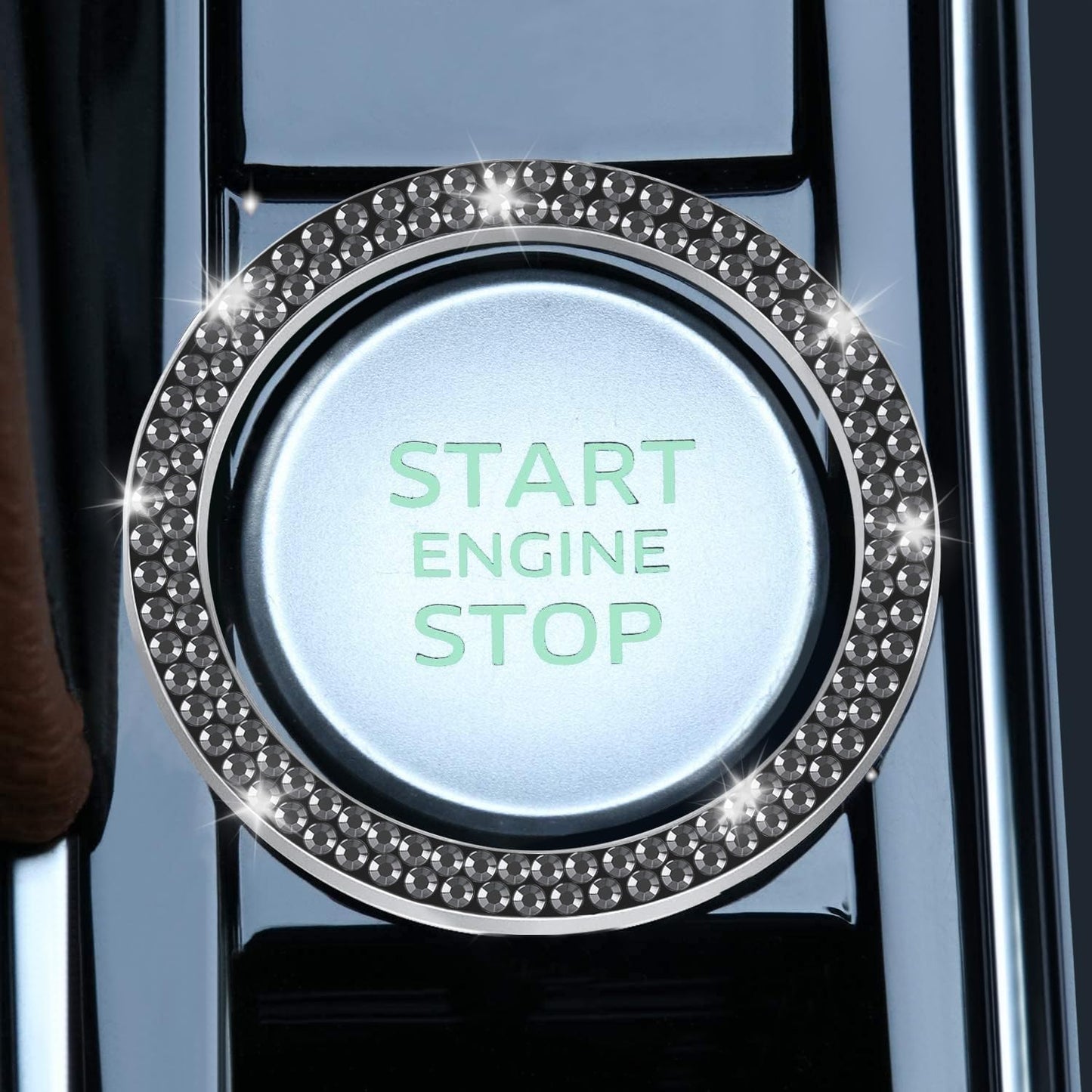 LivTee 2 PCS Crystal Double Rhinestone Car Engine Start Stop Decoration Ring, Bling Car Interior Accessories for Women, Push to Start Button Cover Sticker, Automotive Decals, Light Green