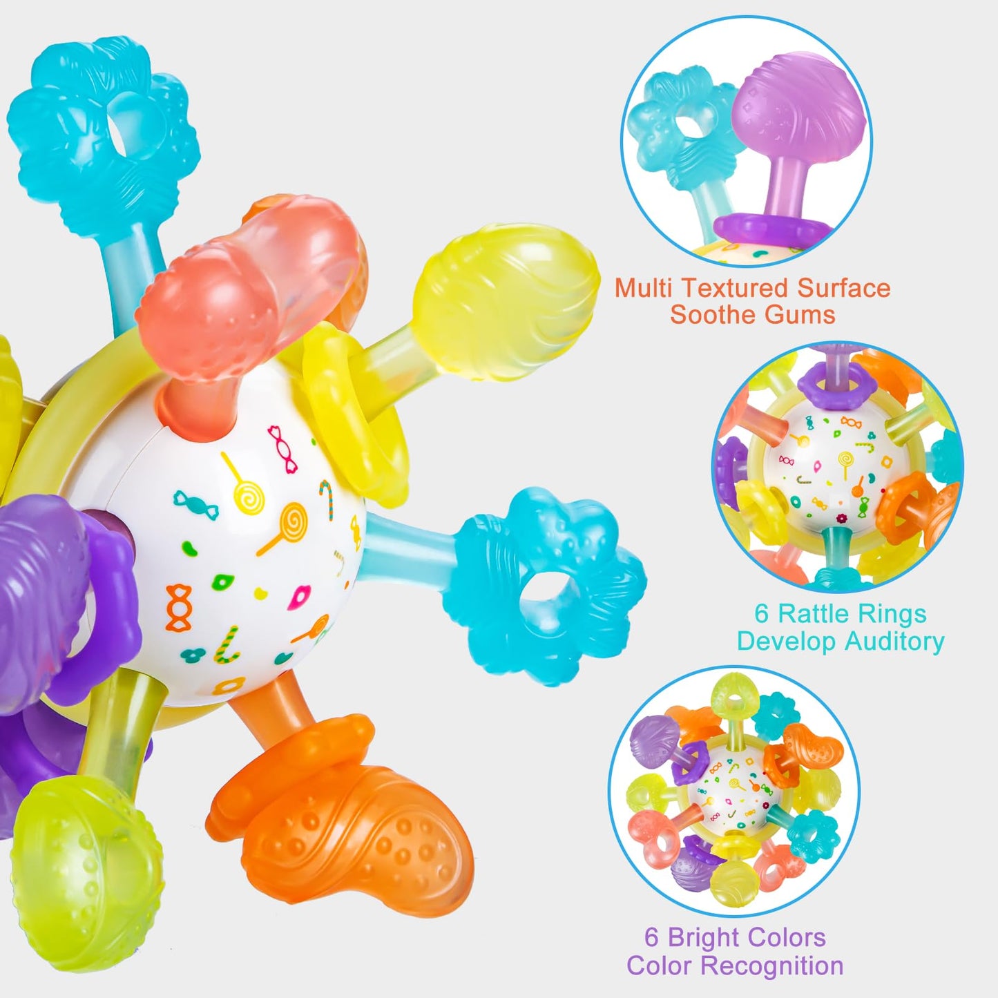 Baby Montessori Sensory Teething Toy 0-6 6-12 Months, Teether Ball & Rattle