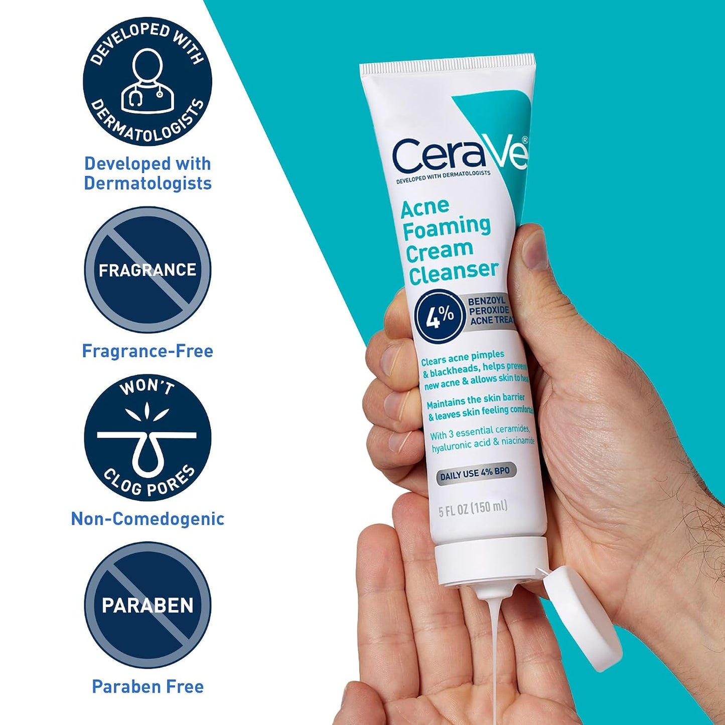 CeraVe Foaming Acne Cream Cleanser, Face Wash with 4% Benzoyl Peroxide, 5oz