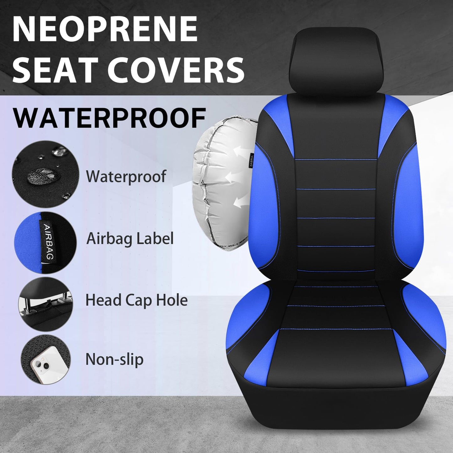 CAR PASS Waterproof Car Seat Covers Front Seats Only with 5mm Composite EVA, Neoprene Car Seat Cover with Separate Headrest Cover, Quick Setup Universal Fit for Car SUV Trucks,Airbag Compatible（Gray