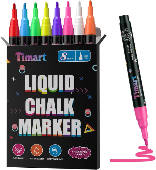Timart Fine Tip Chalk Markers, Liquid Chalk Pens-8 Pack, 1mm Point