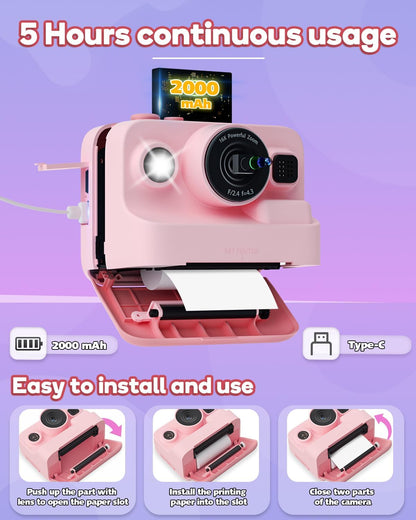Dylanto Kids Camera Instant Print,1080P Kids Instant Cameras that Print Photos,Christmas Birthday Gifts for Girls Age 3-12,Portable Toy for 3 4 5 6 7 8 9 10 Year Old Girls Boys Pink