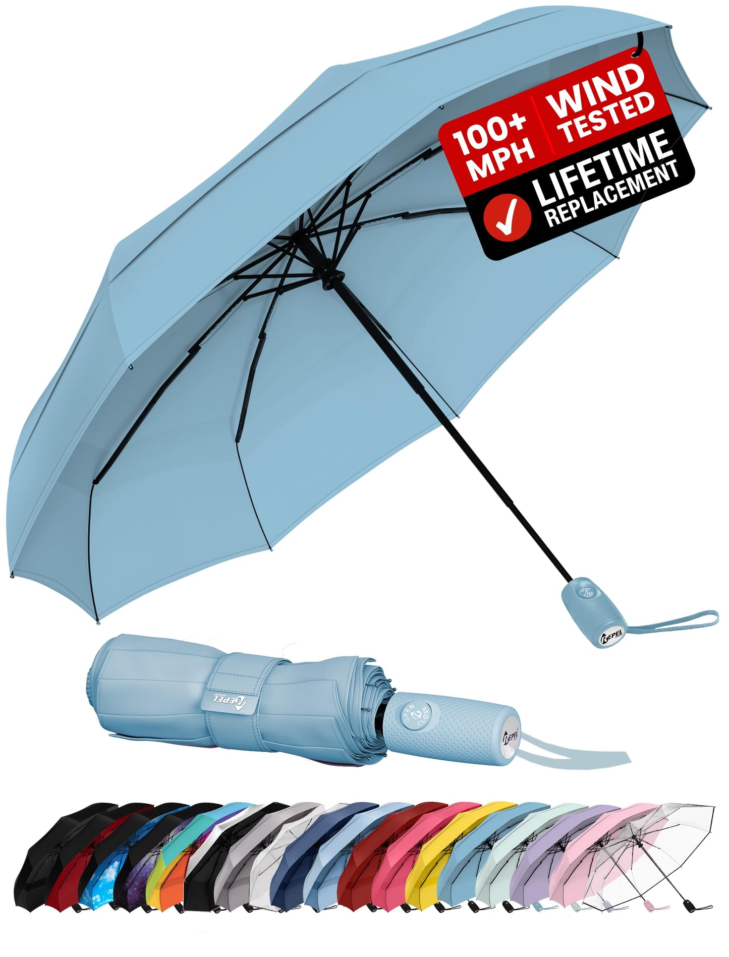 Windproof Travel Umbrella - Compact & Withstands Winds up to 100MPH, Strongest Premium Auto Folding Umbrella for Rain and Sun - Durable, Light & Portable for Women & Men, Fits Backpack & Cars
