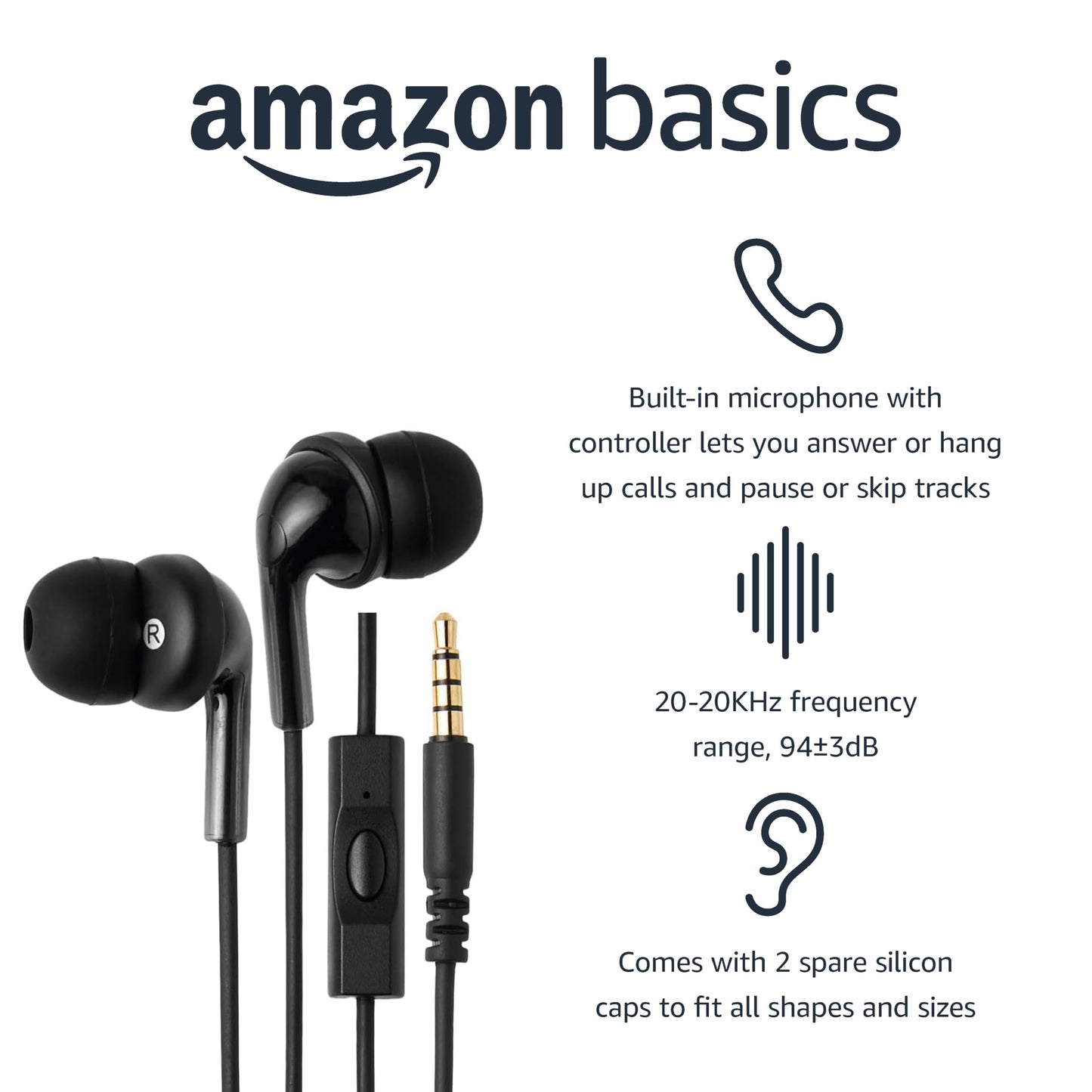 Amazon Basics Wired Earbuds with Microphone, In-Ear Headphones, 3.5mm Jack, High Definition Sound, Secure Fit, 4.2 ft Cable, S/M/L Ear Tips, Black