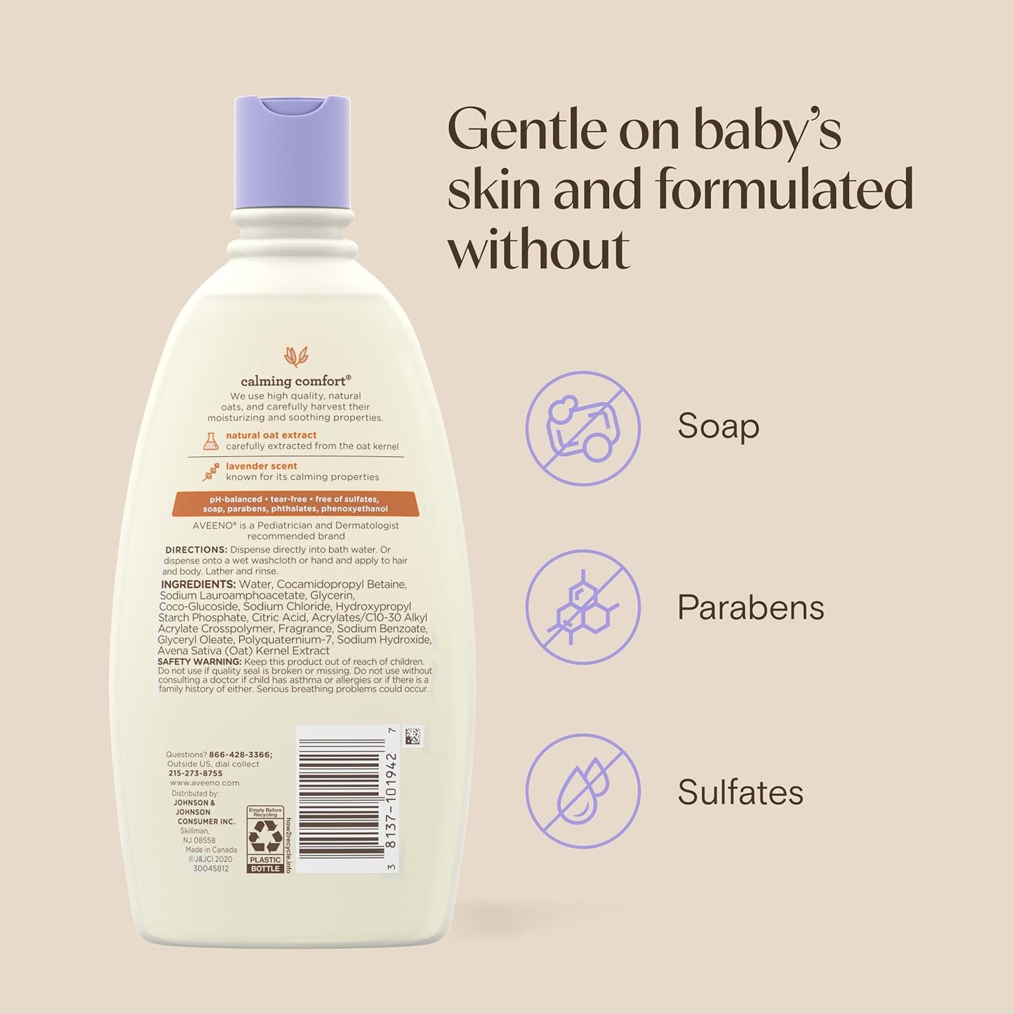 Aveeno Baby Calming Comfort Bath, Body & Hair Wash, Tear Free, 18 fl. oz
