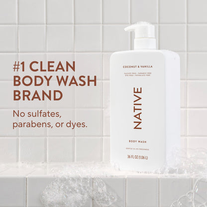 Native Clean Body Wash, Gentle & pH-balanced for Sensitive Skin, 24-Hr Freshness for Women & Men, Vegan & Cruelty-Free, Free of Sulfates, Parabens & Phthalates, Sandalwood & Shea Butter, 36 oz