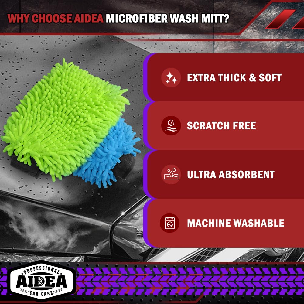 AIDEA Car Wash Mitt Microfiber, 4PK,Car Wash Brush, Green 8''X12''