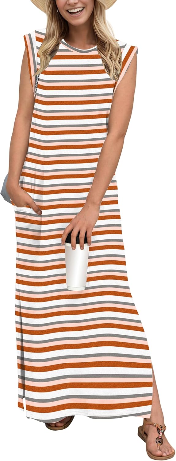GRECERELLE 2026 Women Year-Round Casual Round Neck Loose Split Wrinkle-Free Long Maxi Vacation Dress with Pockets (XXS-4XL)