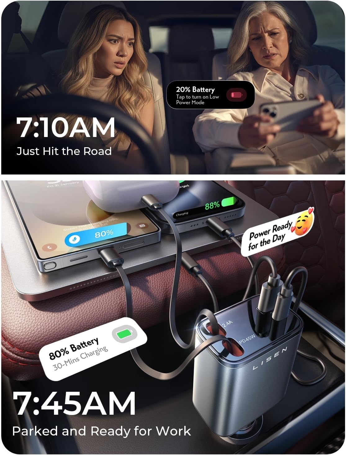 LISEN Retractable Car Charger, 84W Car Charger USB C Fast Charge, 4 in 1
