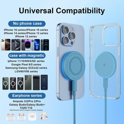 MagSafe Charger 2 Pack 15W Magnetic Wireless Charger Fast Charging Pad Compatible with iPhone 17/16/15/14/13/12 Series & AirPods 3/2/Pro Magnetic MagSafe Charging Pad with Dual Ports-Blue