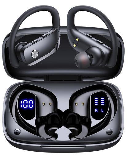 bmani Ear Buds Wireless Earbuds Bluetooth Headphones with 80H Playtime LED Display Case, Over-Ear Hook with Mic, Stereo Sound, Easy Button Controls, Sports Earphones for Running Workout Gym Black