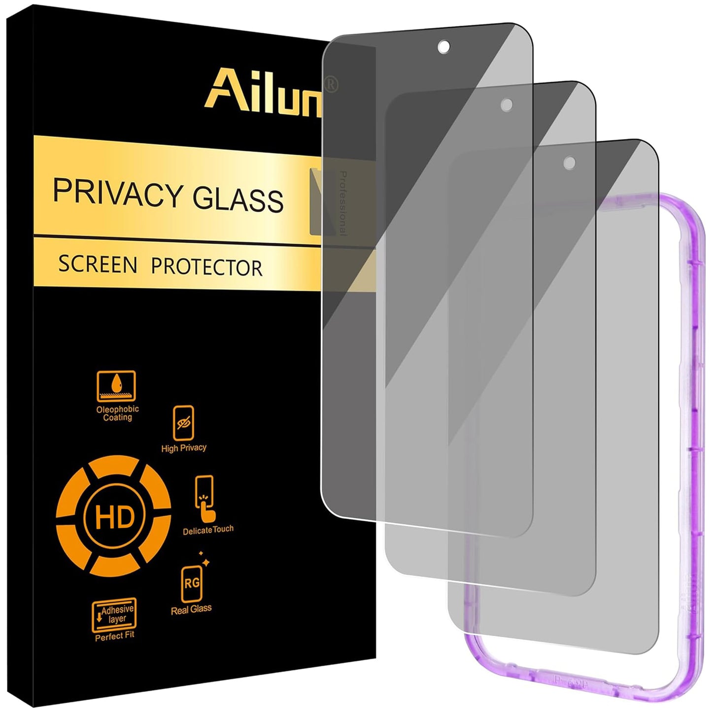 Ailun 3 Pack Privacy Screen Protector for iPhone 16 Pro Max, Tempered Glass