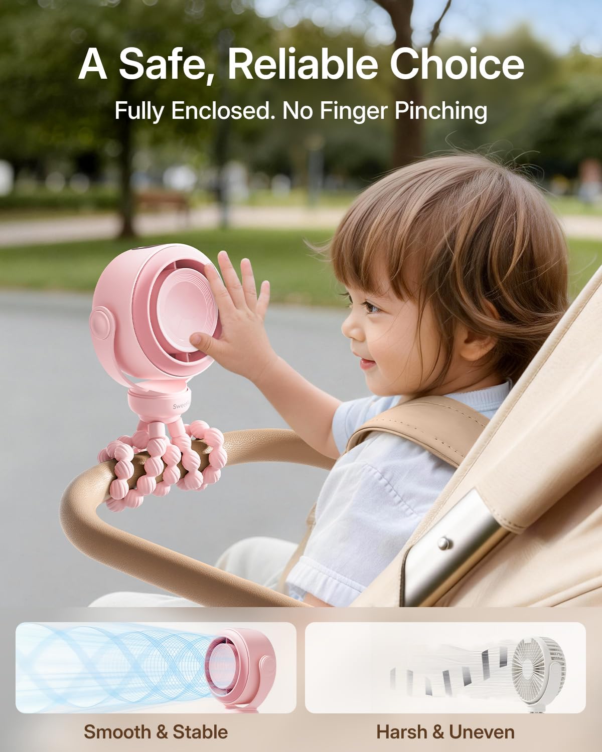 SWEETFULL Portable Stroller Fan, Pinch-Proof Baby Fan - Cream