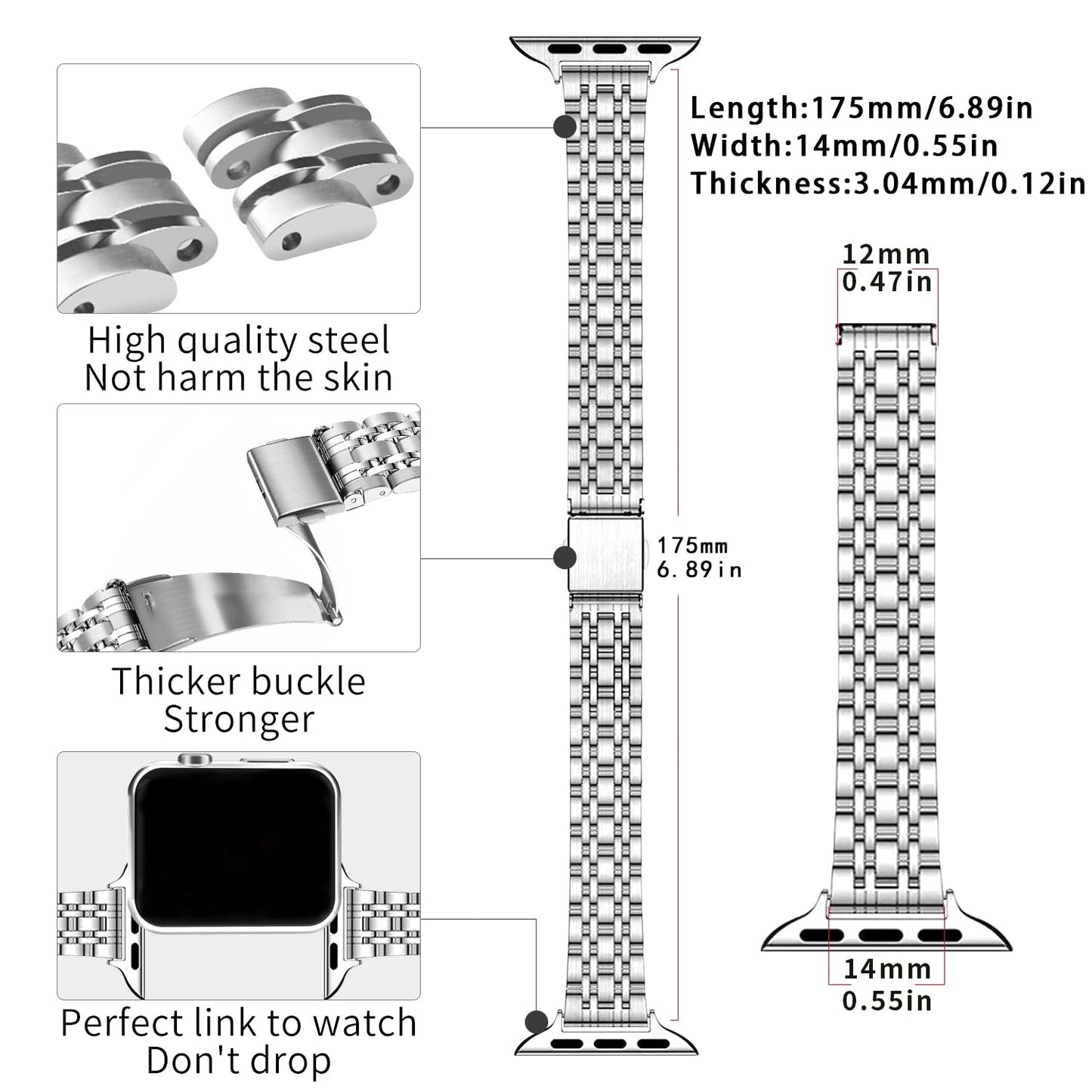 QUNDAXI Slim Watch Band Compatible with Apple Watch 41mm 45mm 42mm 44mm 40mm 38mm Metal Stainless Steel Watchband Suitable for iWatch 11/10/9/8/7/6/5/4/3/2/1/SE Series Women Luxury Strap