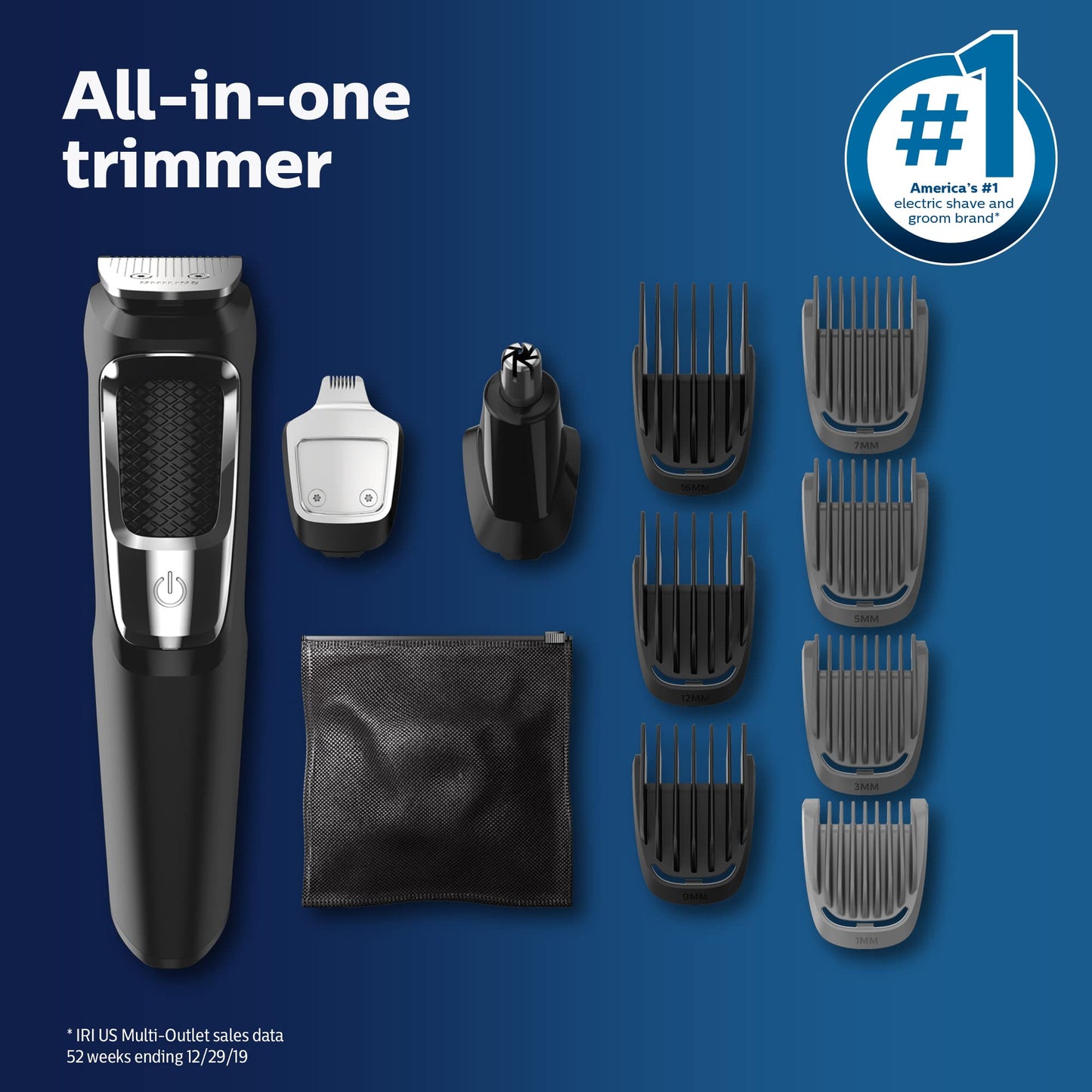 Philips Norelco All-in-One 3000 Series 13 in 1 Trimmer, Beard Styler & Men's Hair Clipper, 9 Length Settings & Self-Sharpening Skin-Friendly Blades, MG3919/50