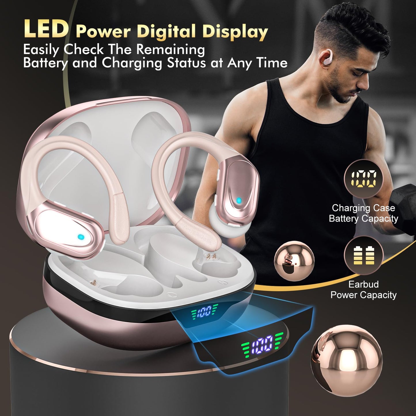 HAOYUYAN Wireless Earbuds, Sports Bluetooth Headphones, 80Hrs Playtime Ear Buds with LED Power Display, Noise Canceling Headset, IPX7 Waterproof Earphones for Workout/Running (Purple)