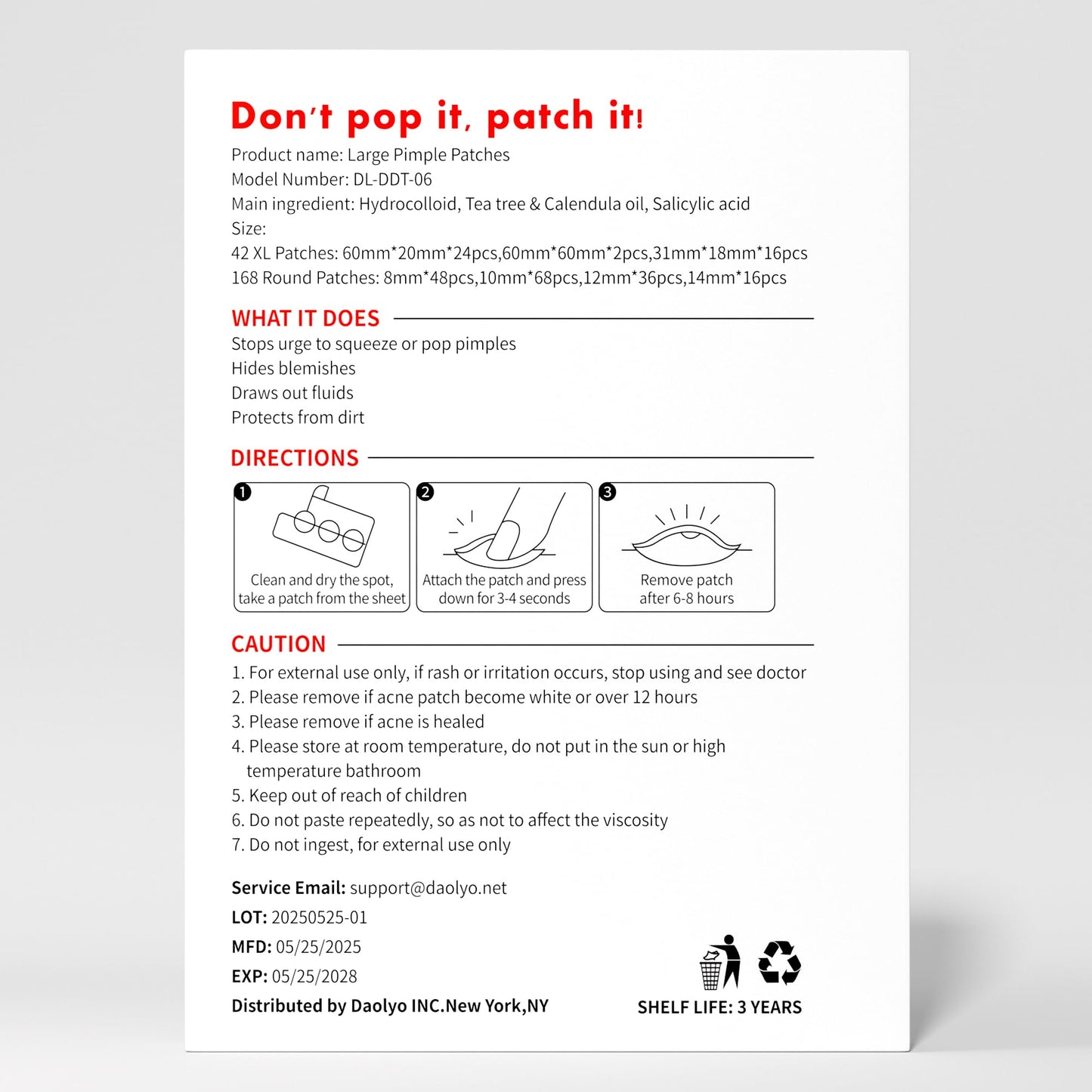 Daolyo 6 Sizes 142 Counts Large Acne Pimple Patches for Face