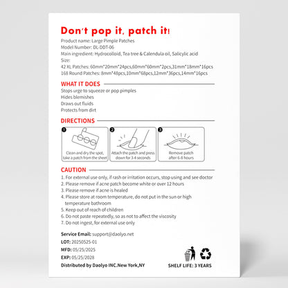 Daolyo 6 Sizes 142 Counts Large Acne Pimple Patches for Face